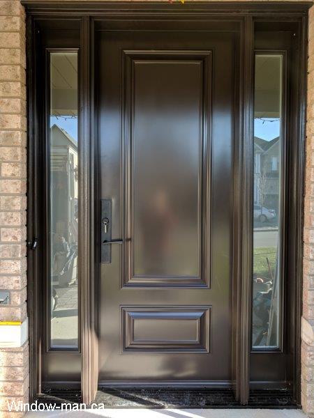 Modern front door ideas with two executive panels. Single entry insulated. Two sidelights Acid etched Glass. Brown. 96 inches high tall 8 foot door. Multi-point lock locking system